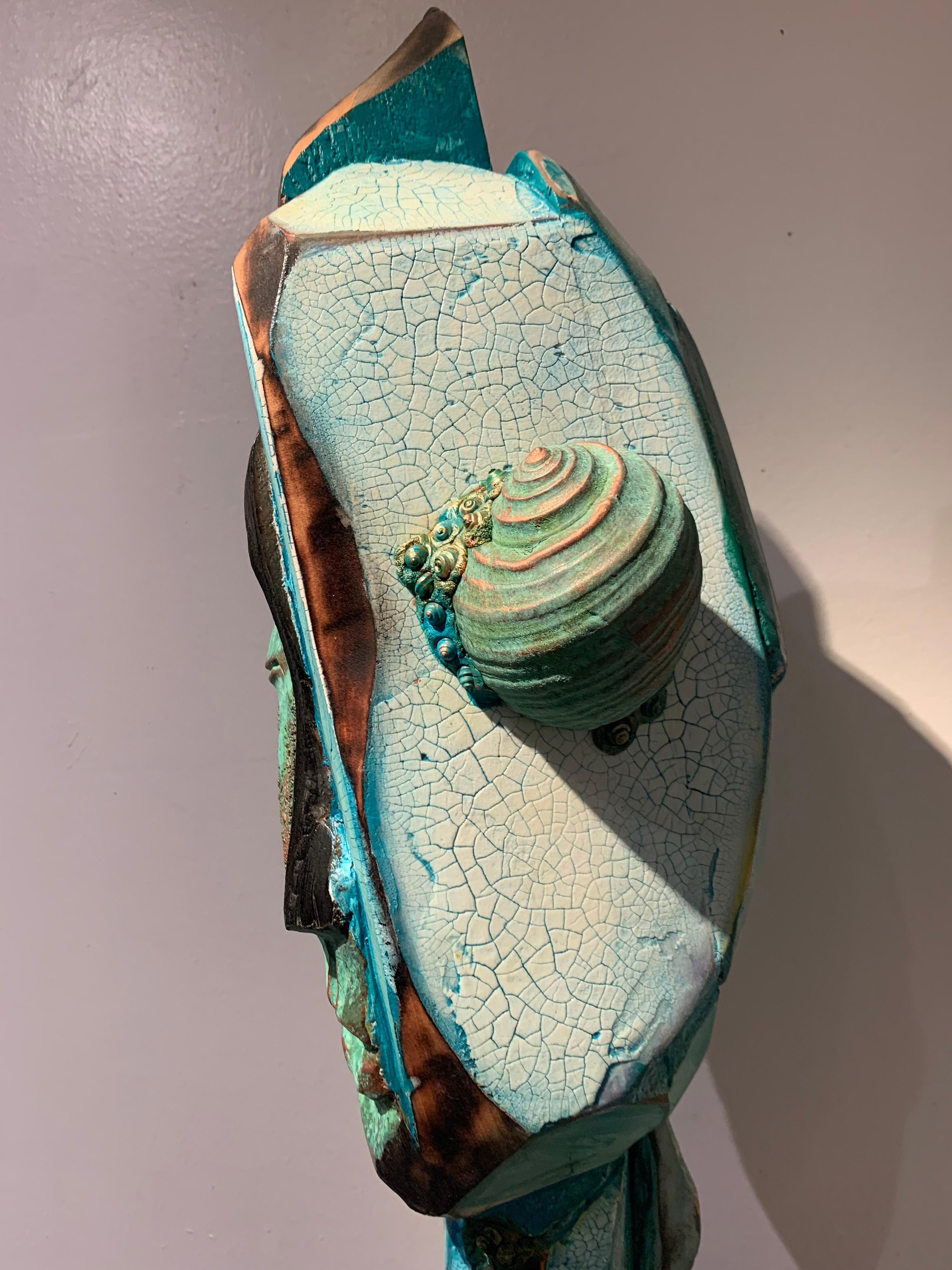 Listening, wood, acrylic, mixed media sculpture, green, blue, off white, brown 4