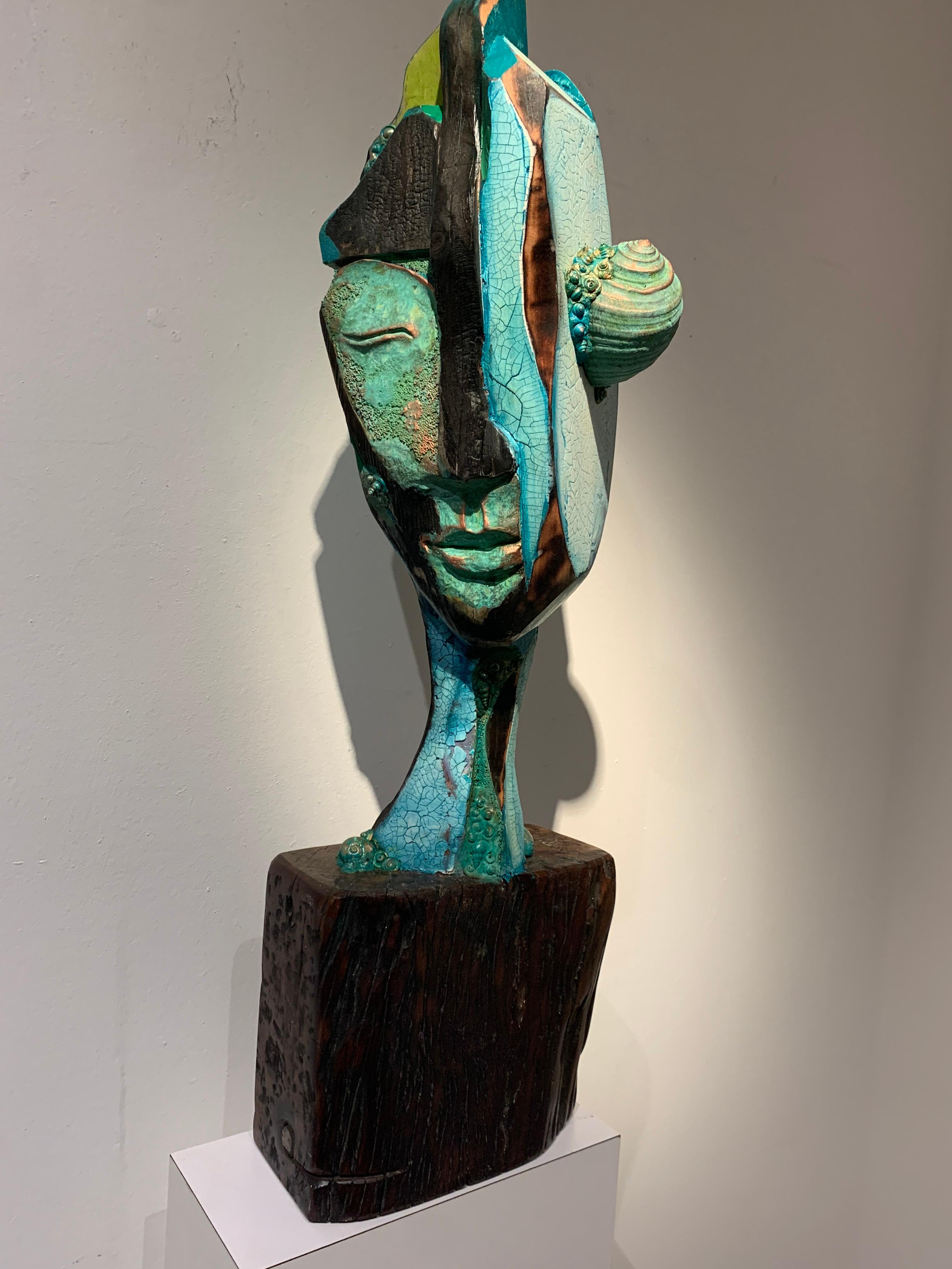 Listening, wood, acrylic, mixed media sculpture, green, blue, off white, brown 5