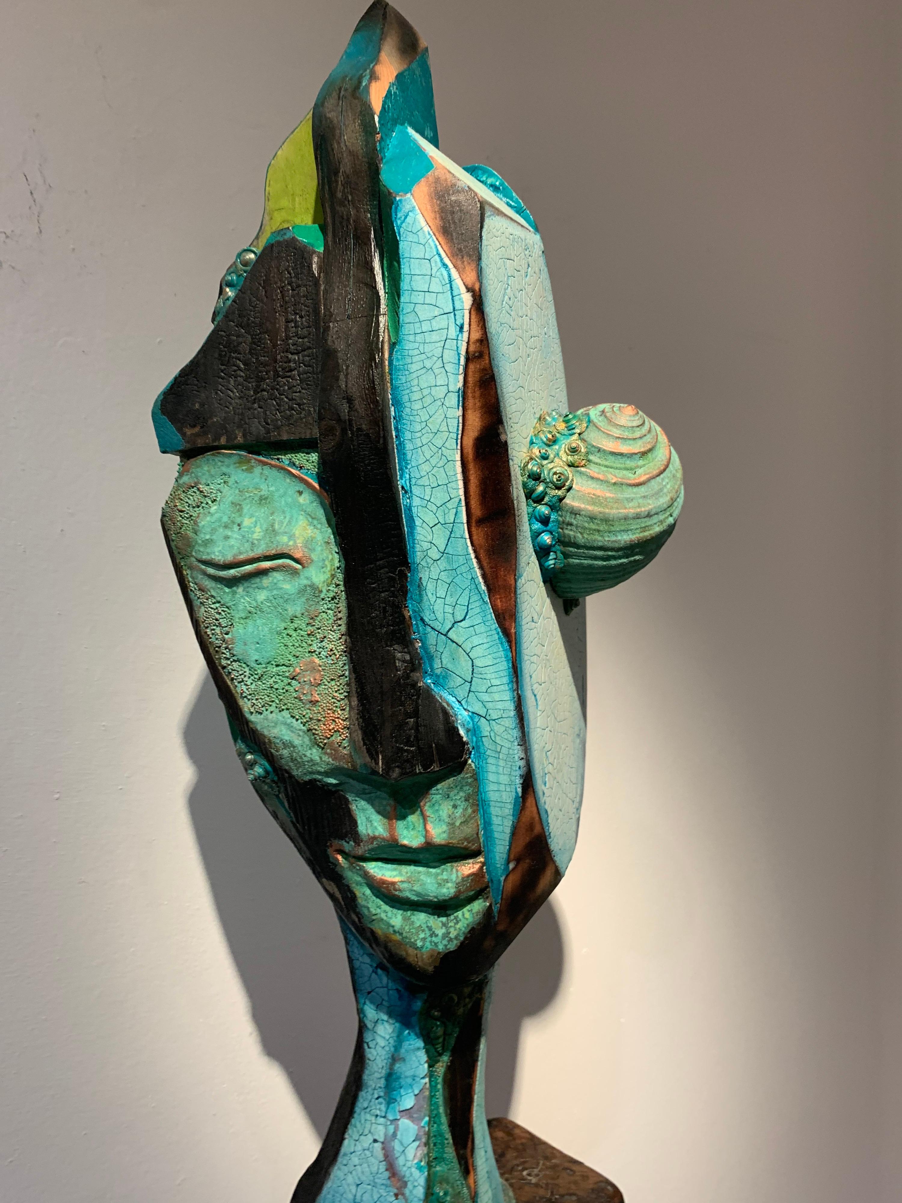Listening, wood, acrylic, mixed media sculpture, green, blue, off white, brown 6