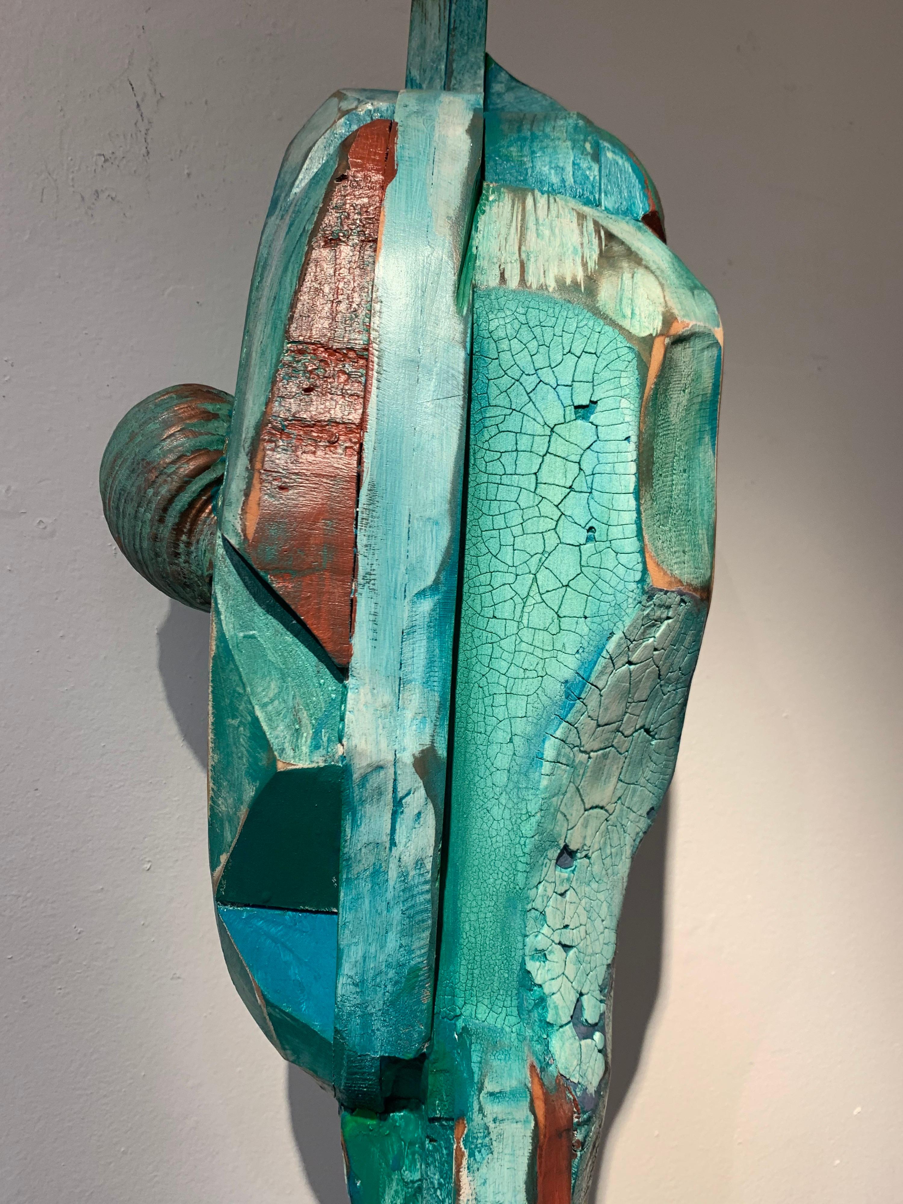 Listening, wood, acrylic, mixed media sculpture, green, blue, off white, brown - Contemporary Sculpture by Chris Reilly