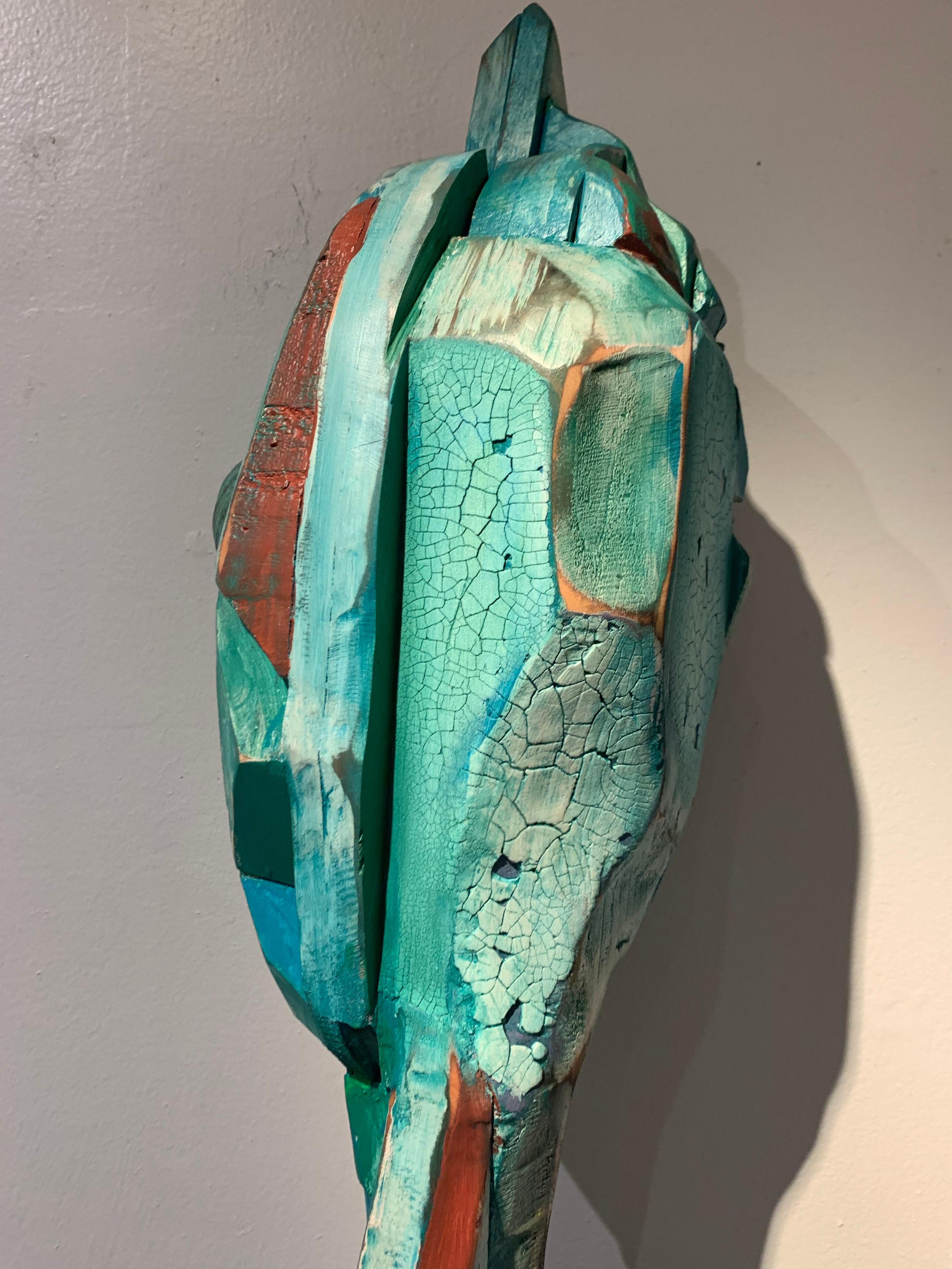 Listening, wood, acrylic, mixed media sculpture, green, blue, off white, brown - Brown Figurative Sculpture by Chris Reilly