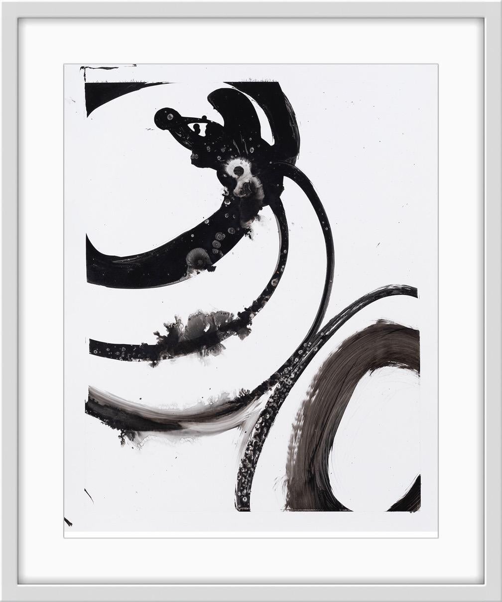 Black and white contemporary abstract painting by Christopher Rico - ink on Yupo paper. Offered unframed.

For this black and white series of paintings, Rico uses oversized calligraphy brushes on Yupo paper. He lays out long sheets on the floor and