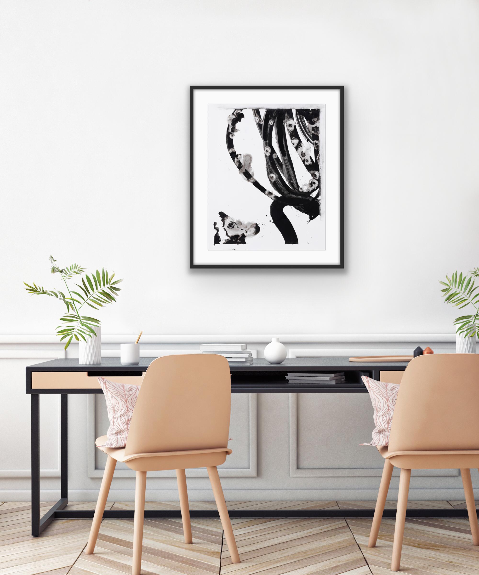 Black and white contemporary abstract painting by Christopher Rico - ink on Yupo paper. Offered unframed.

For this black and white series of paintings, Rico uses oversized calligraphy brushes on Yupo paper. He lays out long sheets on the floor and