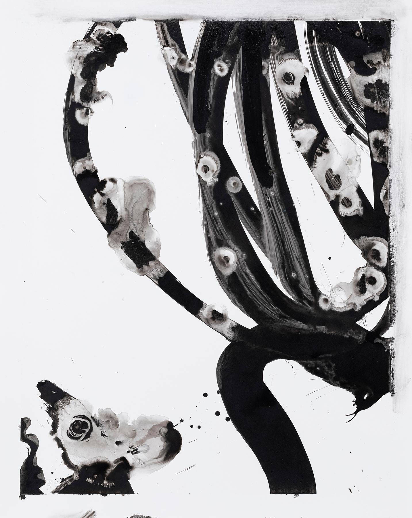 Lotan V - Peinture abstraite contemporaine à l'encre noire et blanche