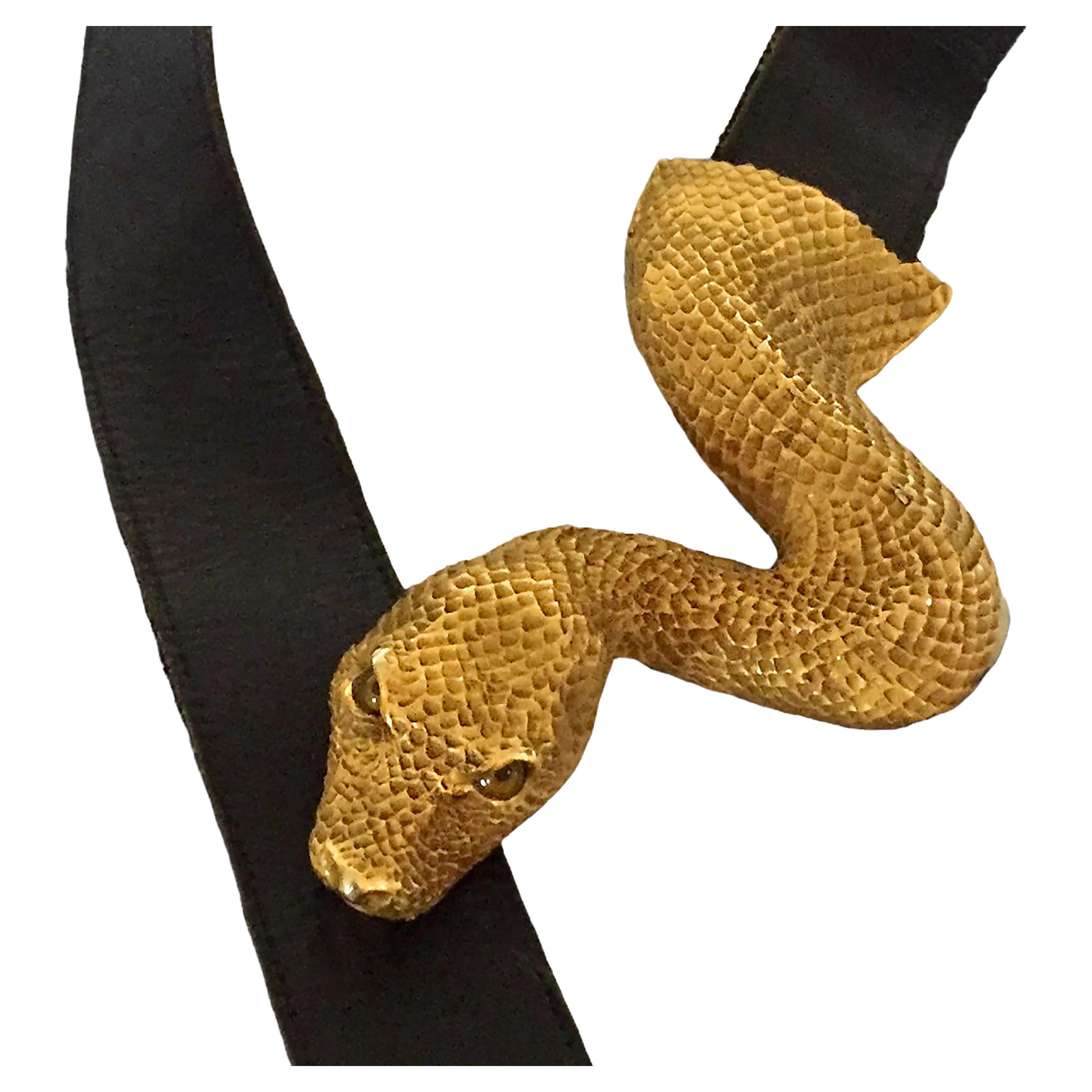 Christopher Ross 1980s Serpent Snake Gold Buckle Original Leather Belt   For Sale