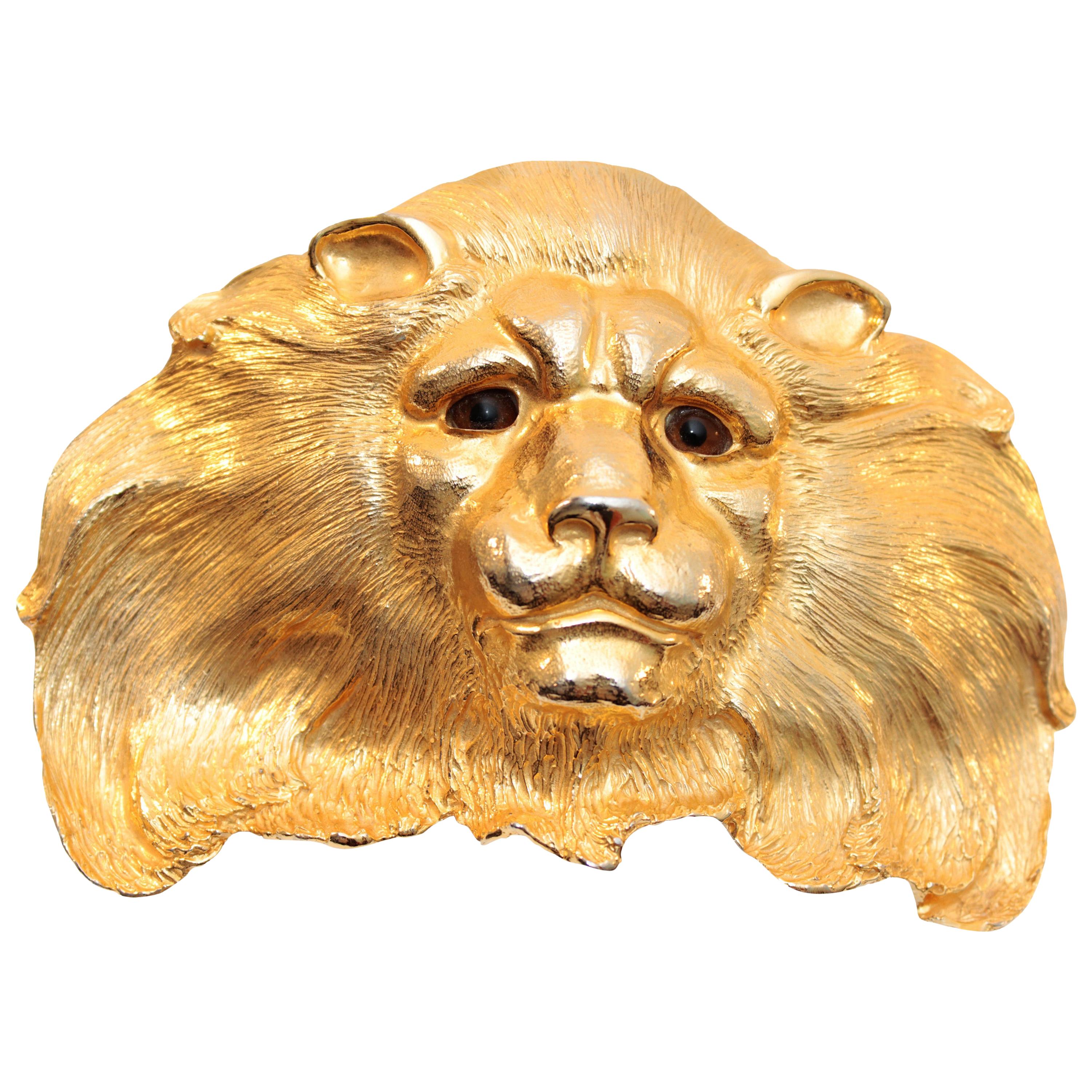 Christopher Ross Belt Buckle Extraordinary Lion Head 24kt Gold Plate Vintage 80s For Sale