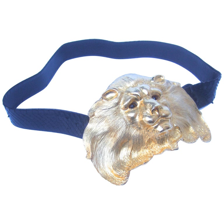 Christopher Ross Massive Gilt Metal Lion Buckle Belt c 1984  display picture 2