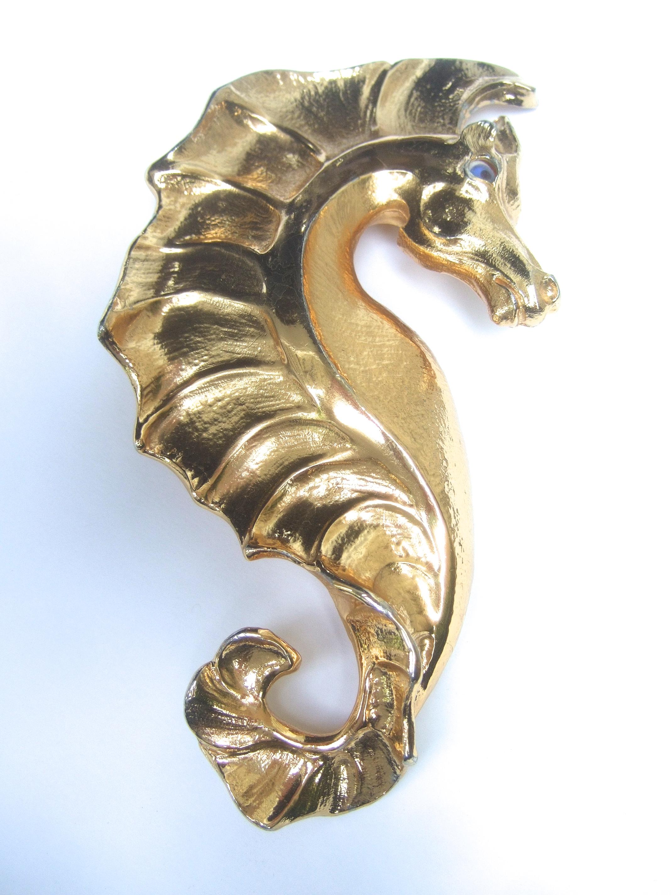 Brown Christopher Ross Rare Massive 24k Gold Plated Seahorse Belt Buckle c 1980s For Sale
