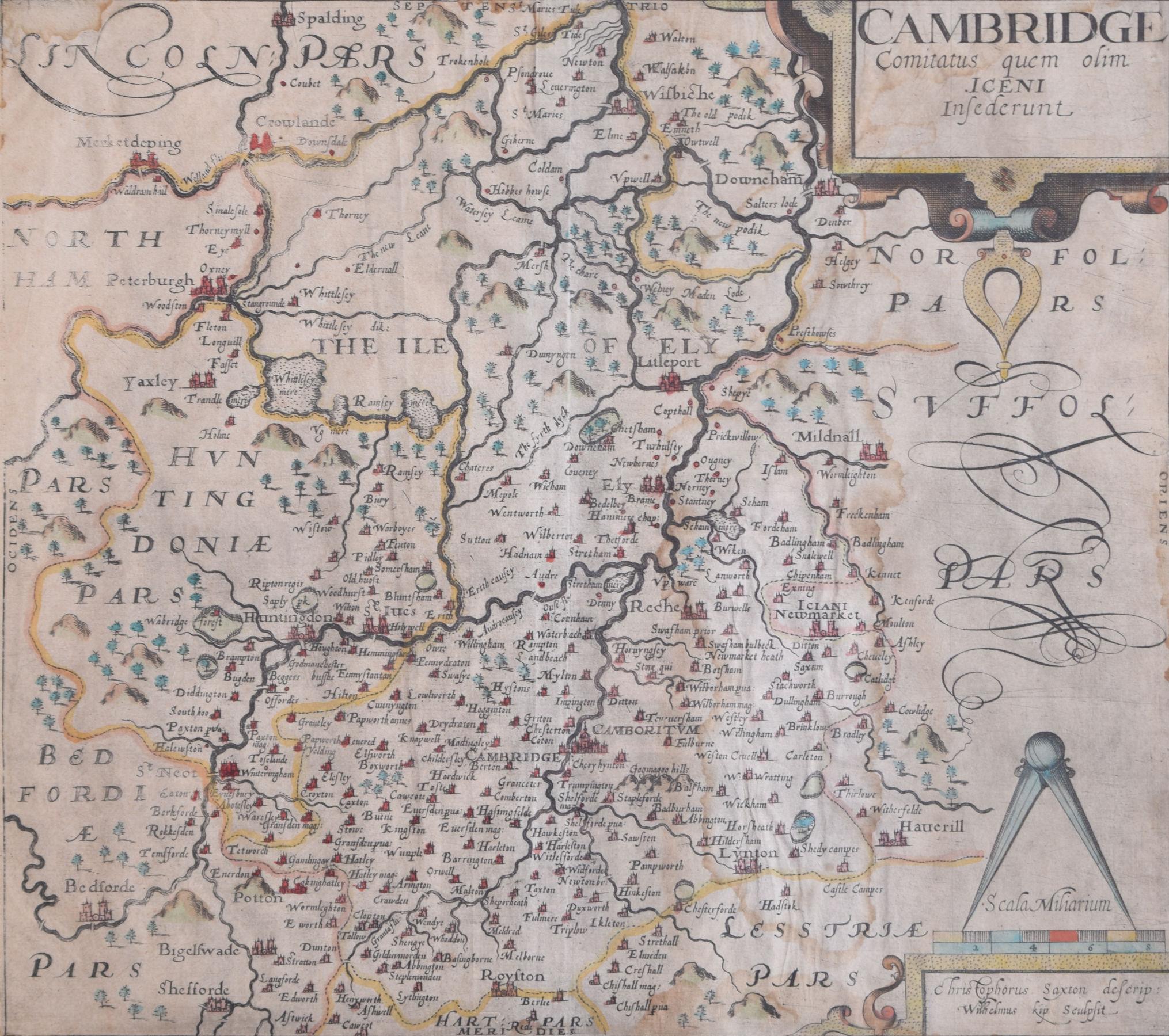 Christopher Saxton Landscape Print - Cambridgeshire map 17th century engraving by Kip after Saxton