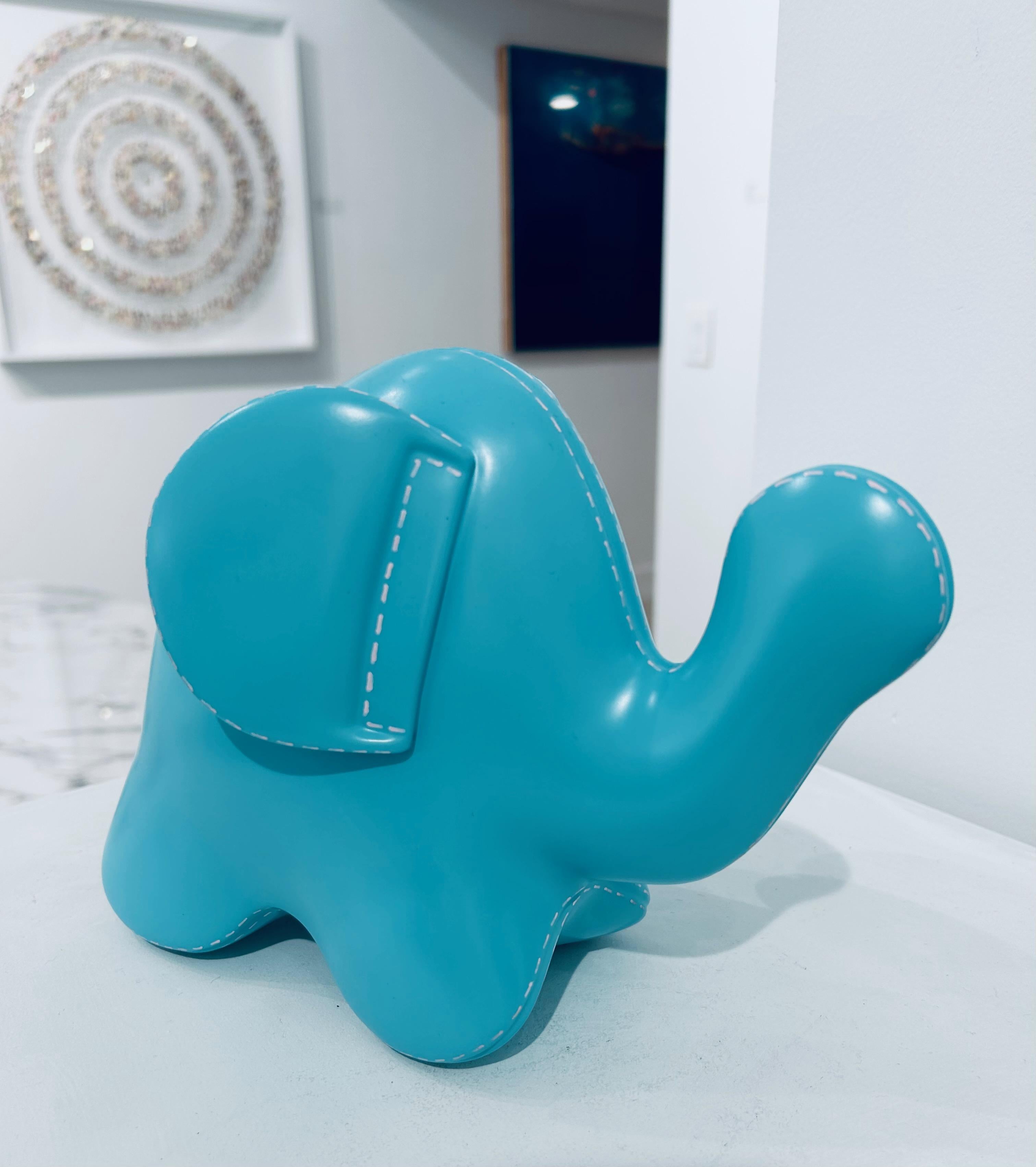 Pop Art Playful Luck Elephant (Aqua Faux Leather) Christopher Schulz Sculpture For Sale 2