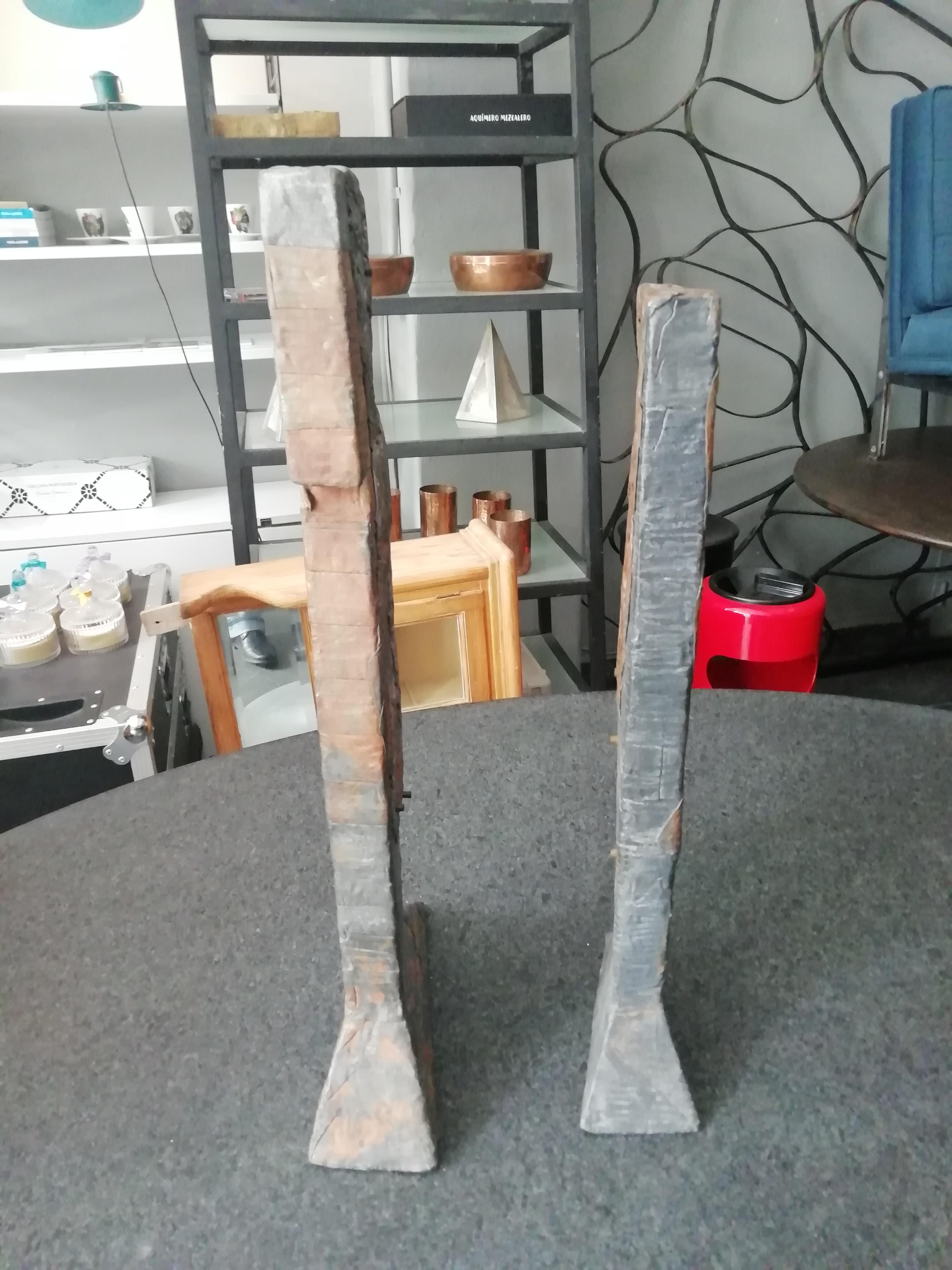 Post-Modern Christopher Schumaker Set of 2 Wood, Lead and Bronze Sculptures For Sale