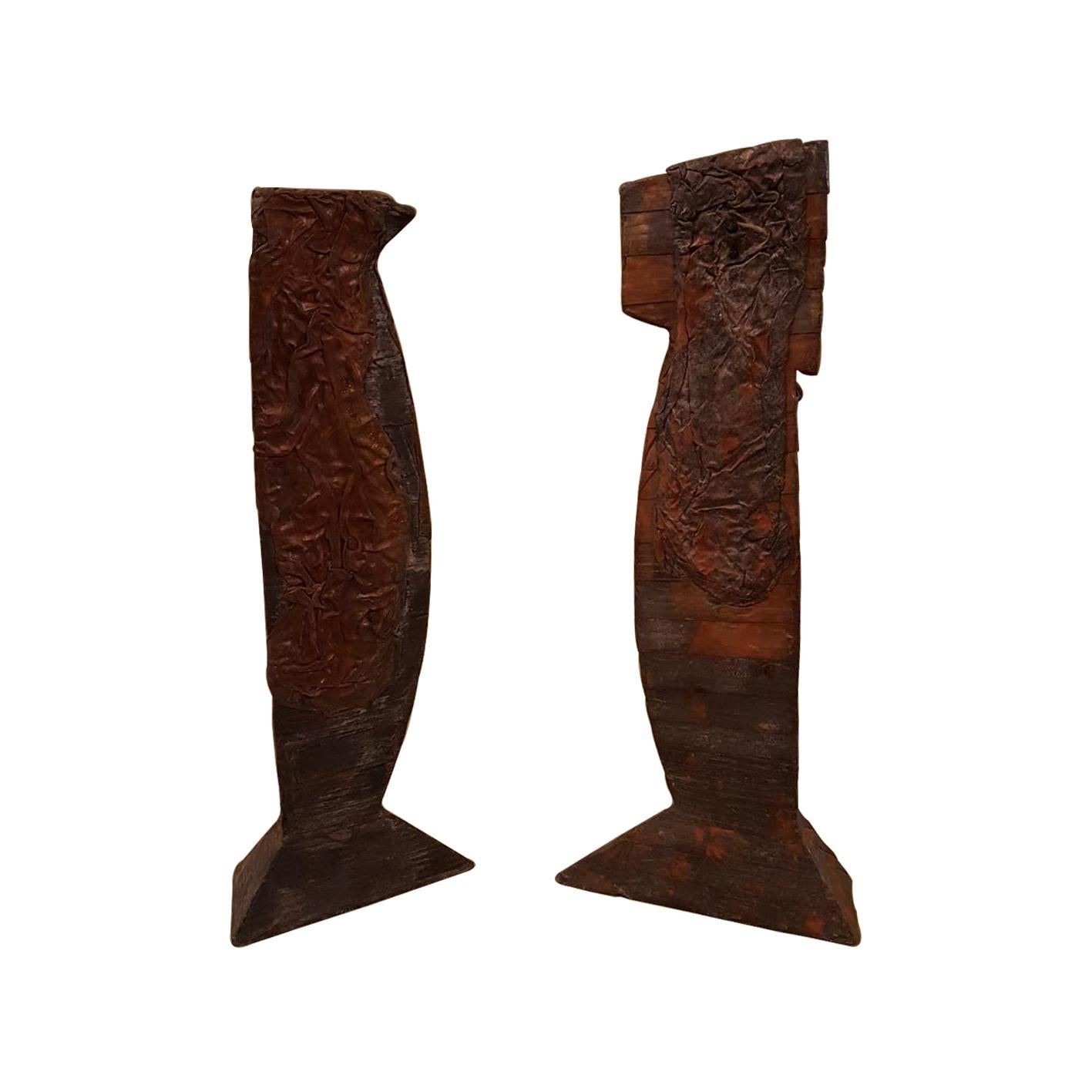 Ensemble de 2 sculptures en bois, plomb et bronze de Christopher Schumaker