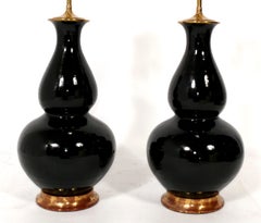 Christopher Spitzmiller Lámparas de calabaza de cerámica negra Bases doradas con agua de 23k