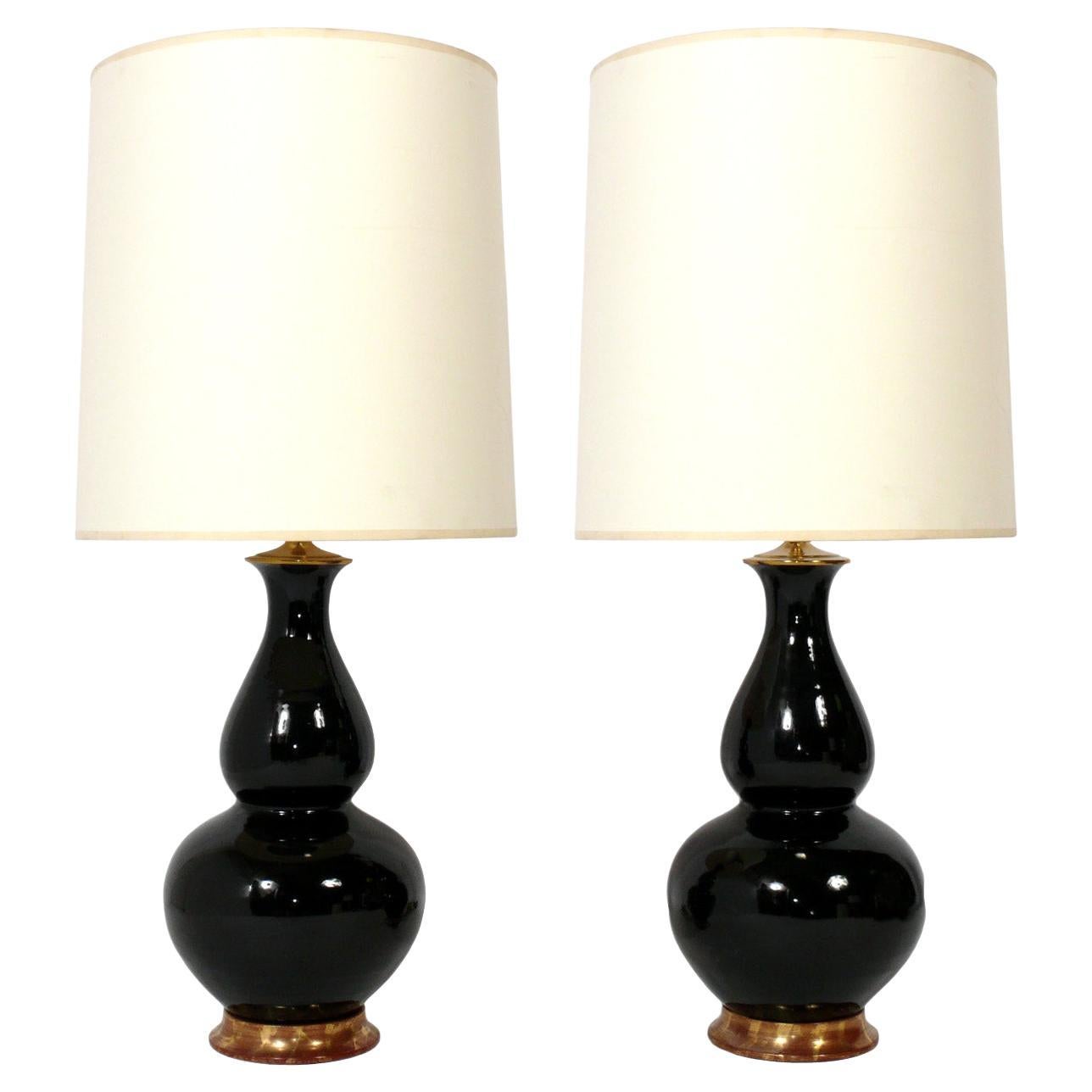Christopher Spitzmiller Lampes gourdes en céramique noire 23k Water Gilt Bases en vente