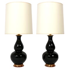 Christopher Spitzmiller Lampes gourdes en céramique noire 23k Water Gilt Bases