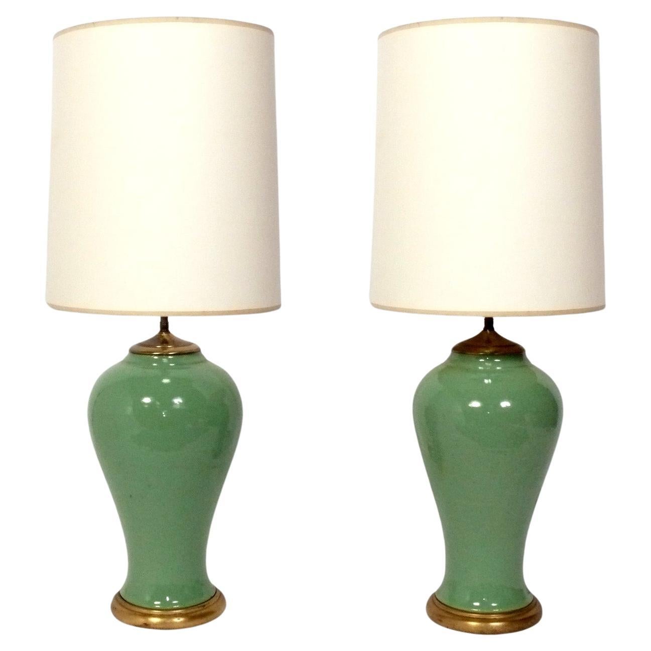 Christopher Spitzmiller Style Celadon Green Ceramic Lamps