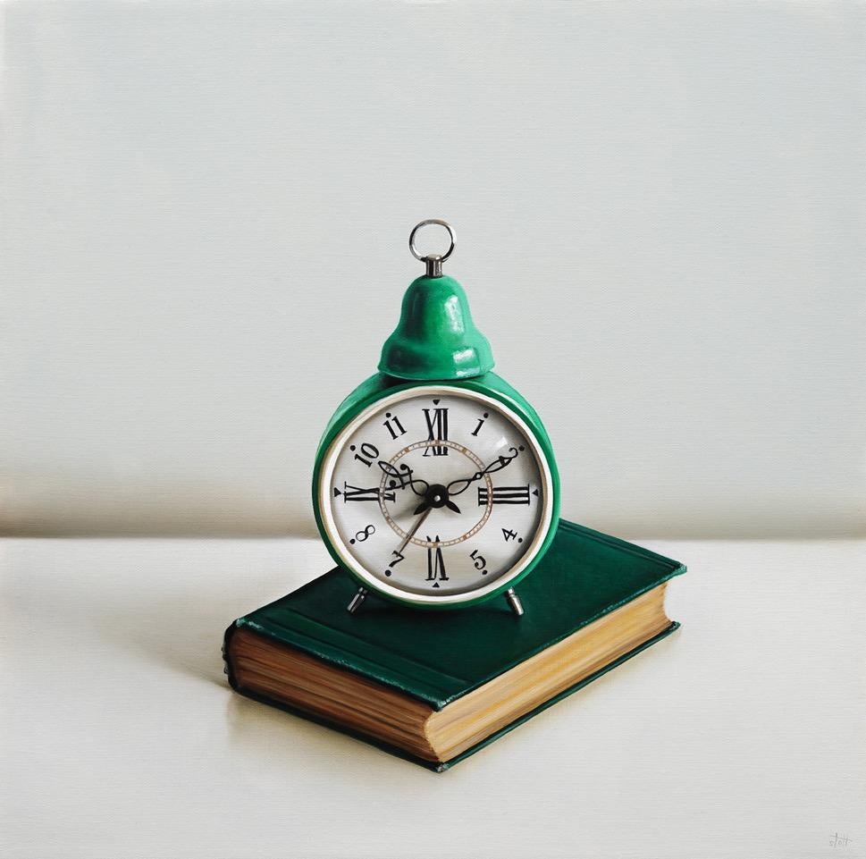 Christopher Stott Still-Life Painting - Green Clock & Antique Book