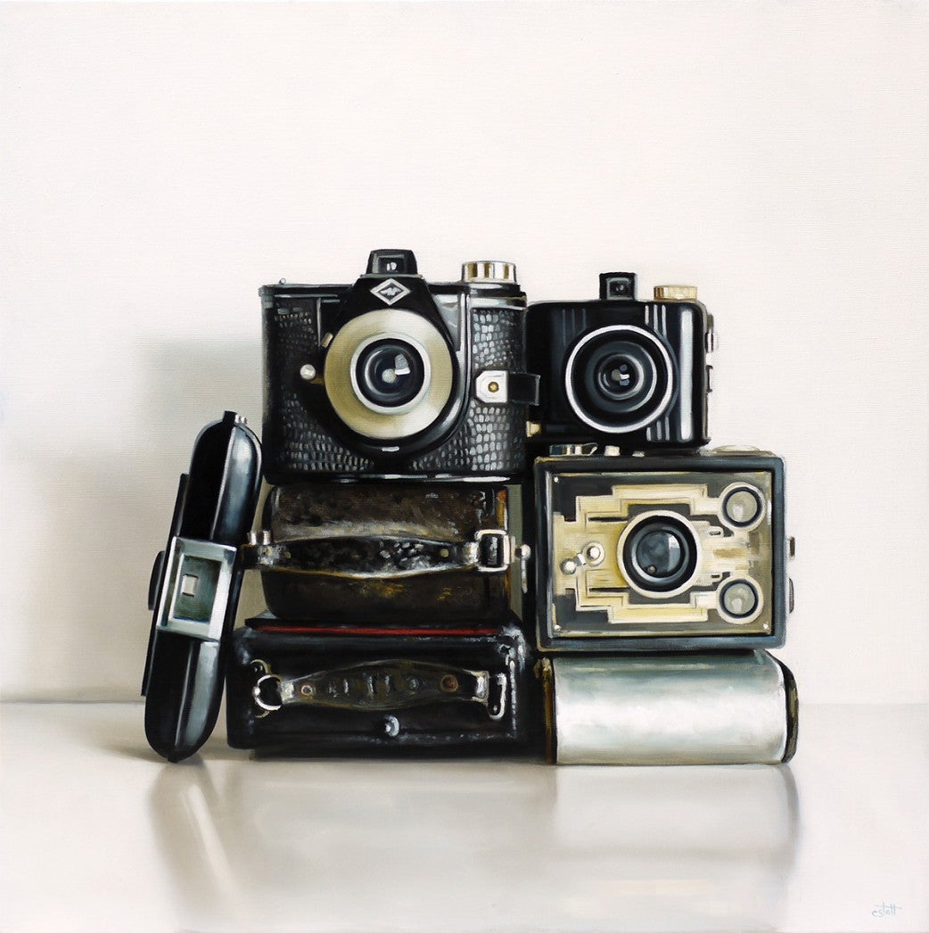 Christopher Stott Still-Life Painting - Seven Vintage Cameras