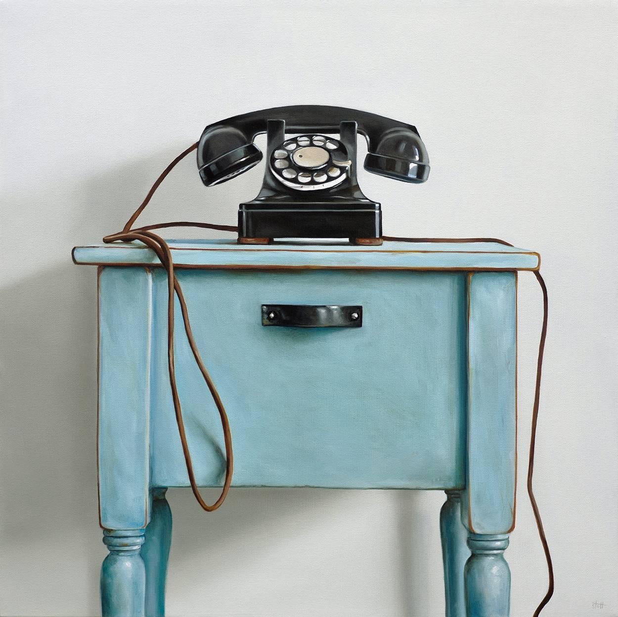 Christopher Stott Still-Life Painting - Western Electric Rotary Telephone & Blue Table