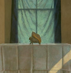 Rideau bleu. Nature morte, huile sur toile