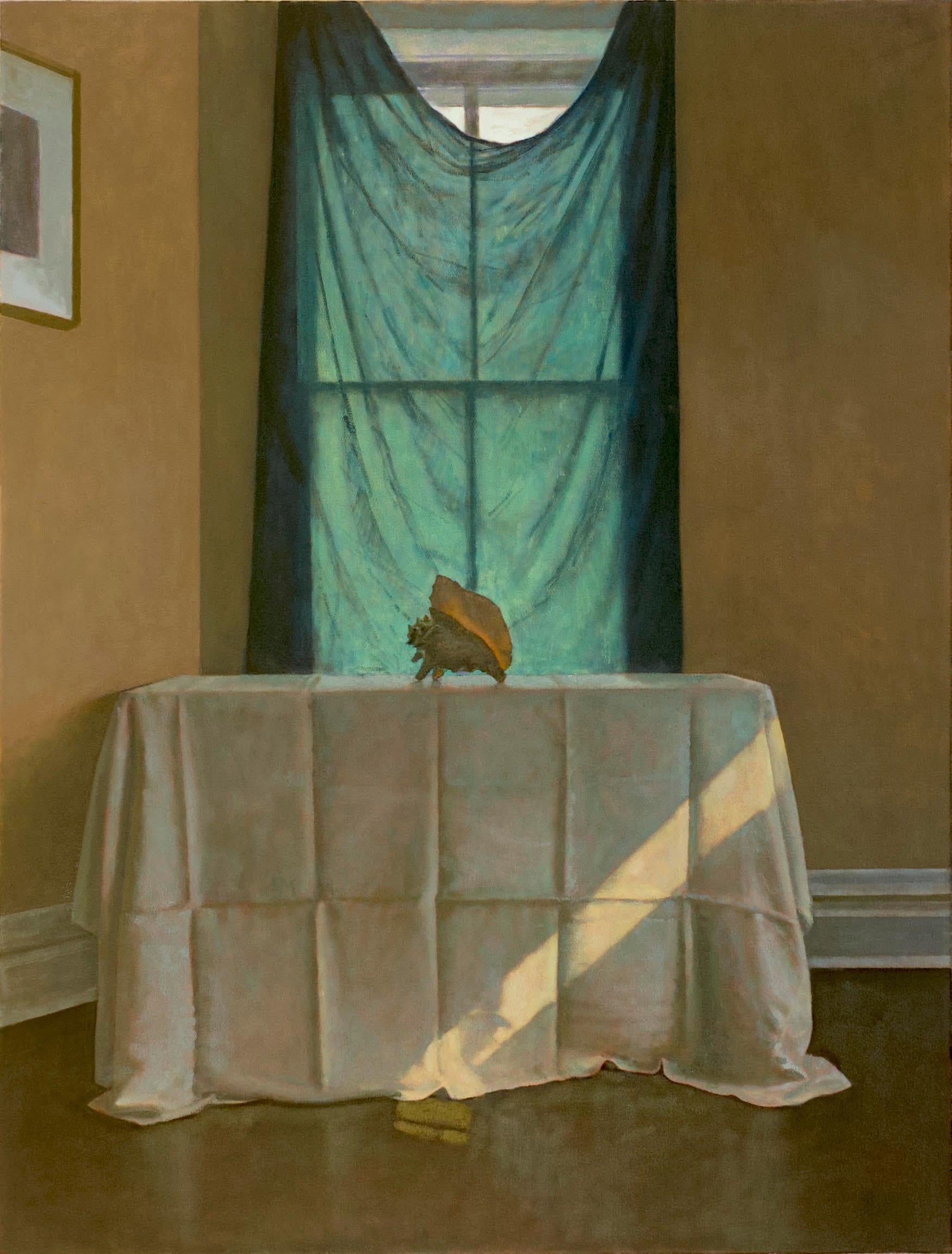 Blue Courtain. Still life Painting, Oil on canvas