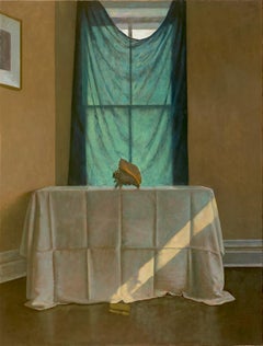 Rideau bleu. Nature morte, huile sur toile