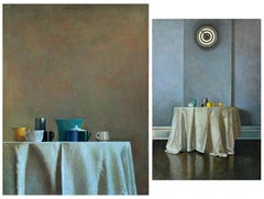 Clustered Objects and Halo, Diptych. Still Life Painting, Contemporary