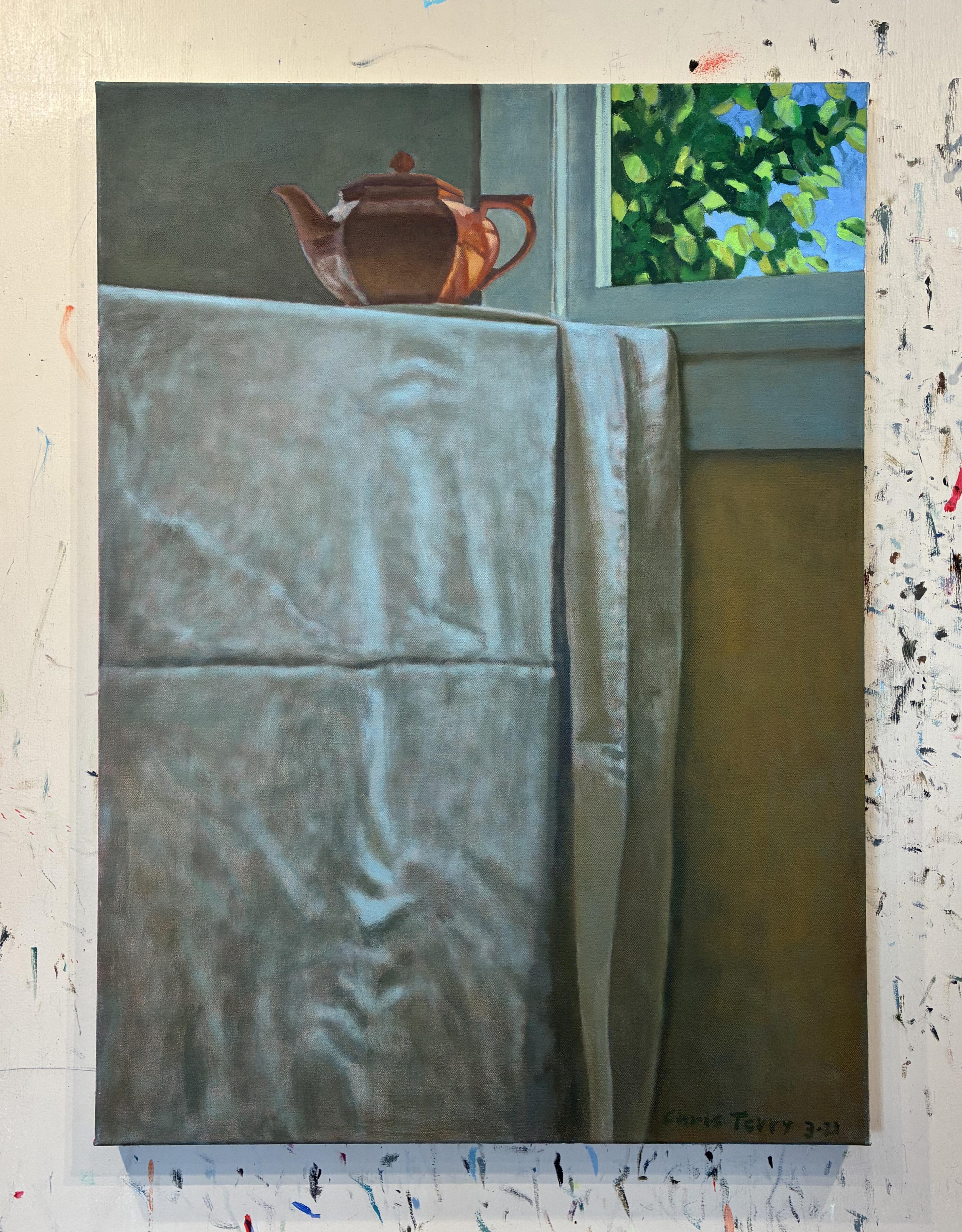 Coral Teapot. Still life Painting - Brown Interior Painting by Christopher T Terry