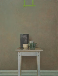 Green Square y Green Bottle. Pintura de naturaleza muerta, óleo sobre lienzo