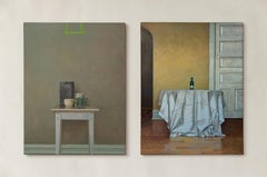 Green Square y Green Bottle. Pintura de naturaleza muerta, óleo sobre lienzo