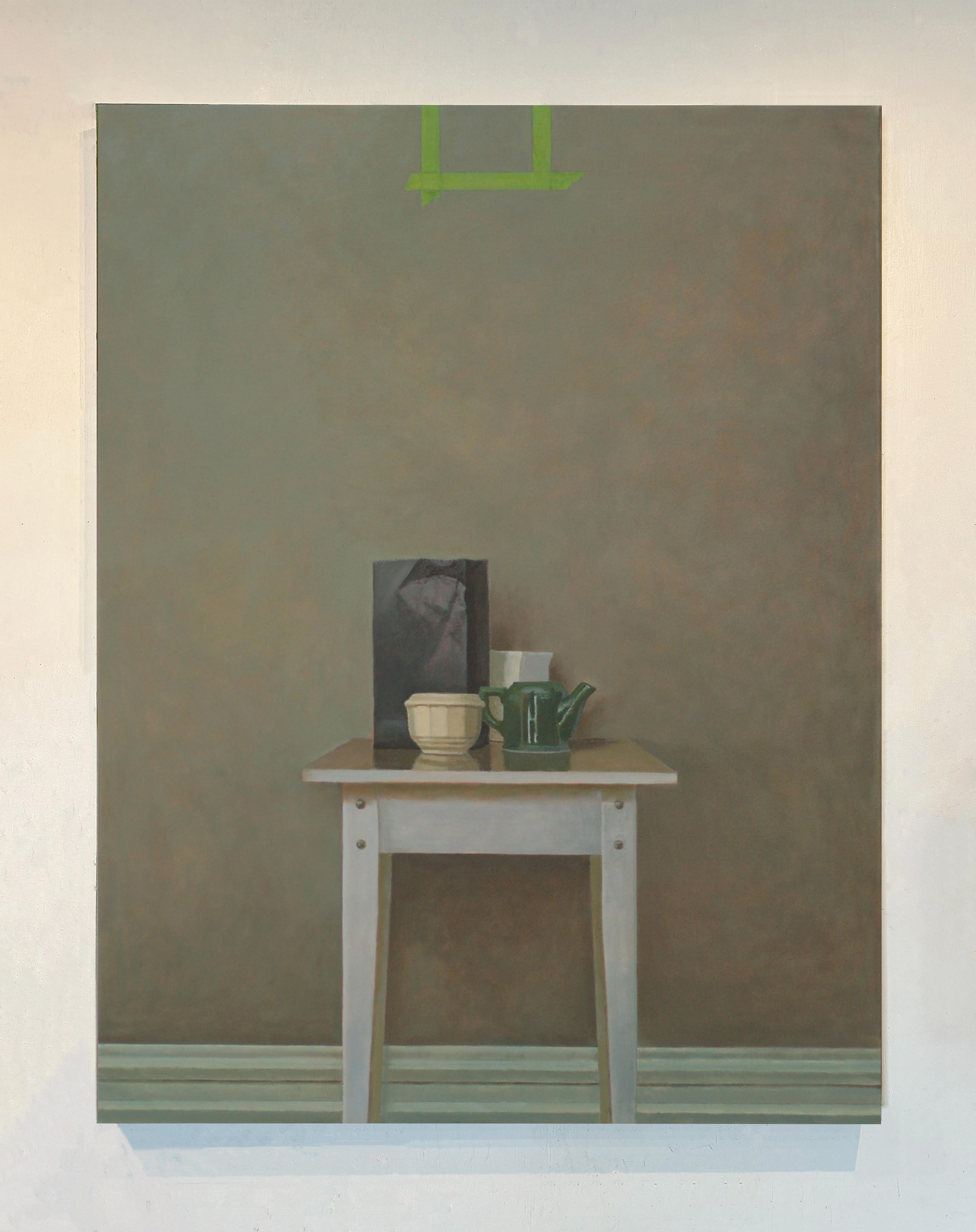 Green Square Still Life Painting, Oil on Canvas, Contemporary