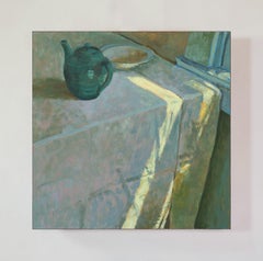 Tetera verde en Shuttered Window. Pintura de bodegones