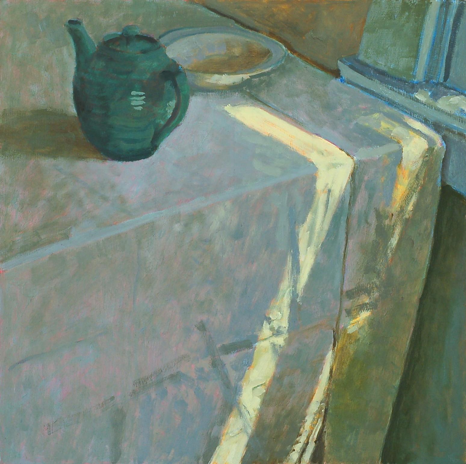 Grüne Teekanne bei Shuttered Window. Stilleben Malerei