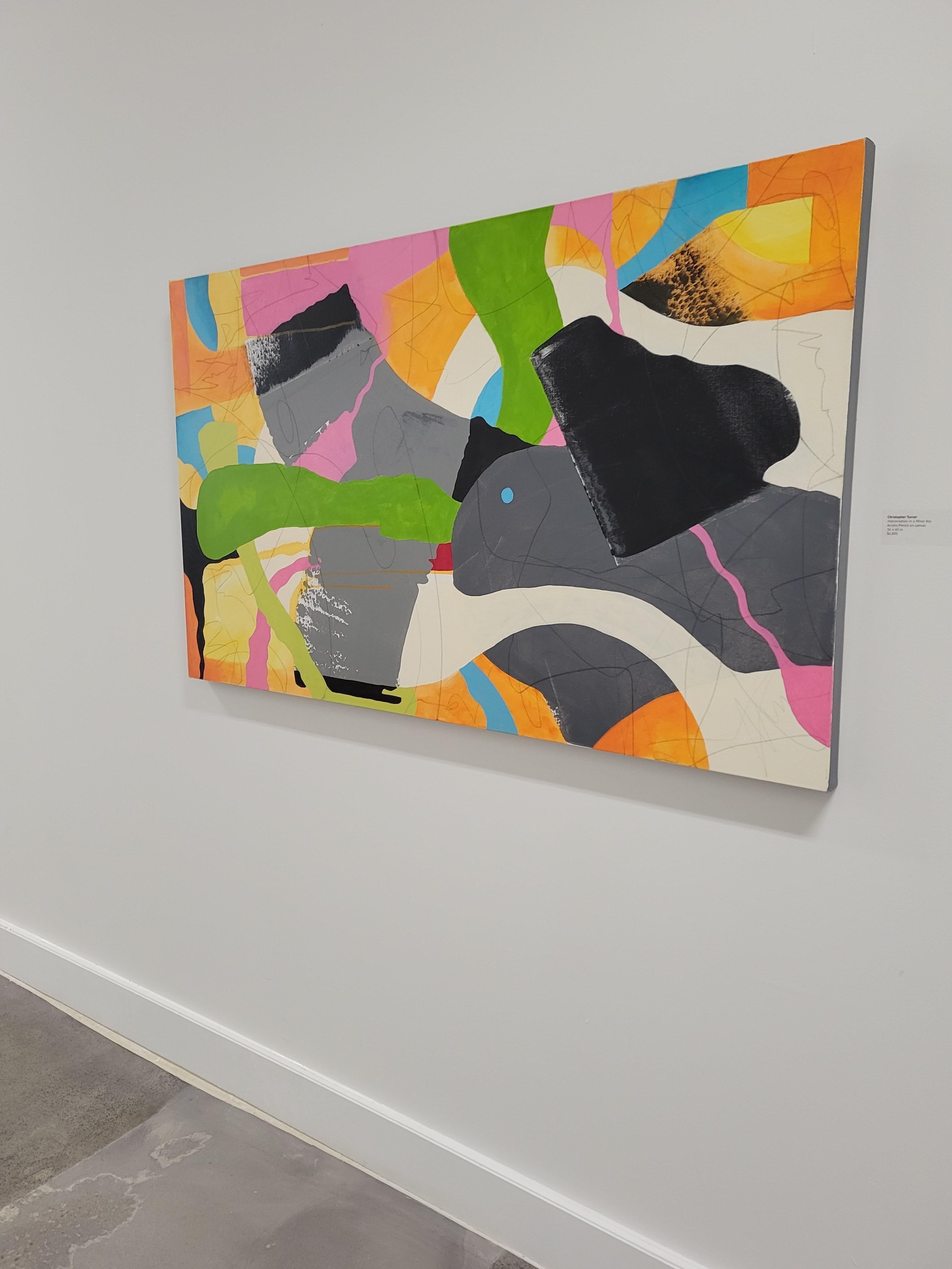 Christopher Turner's artistic compositions contain loose organic backgrounds with more defined linear bars of color laid over them, sometimes with paint and sometimes with fabrics such as canvas, burlap and denim. The dichotomy between these two