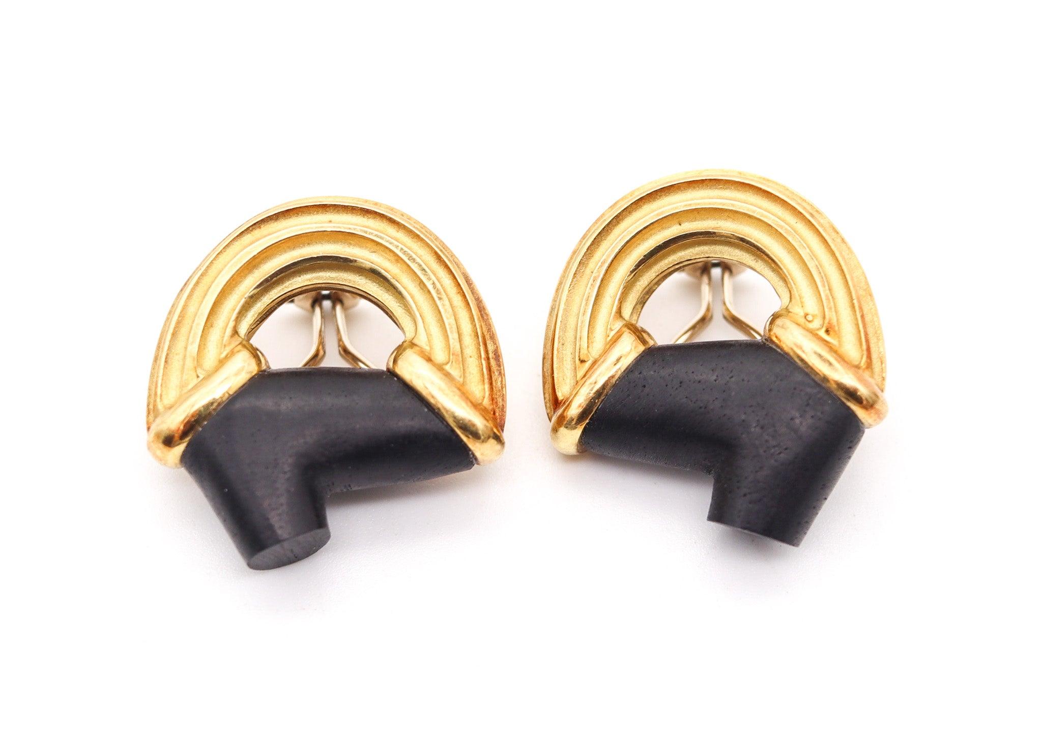 Modernist CHRISTOPHER WALLING Clips Earrings In Textured 18Kt Gold With Carved Ebony Woods For Sale