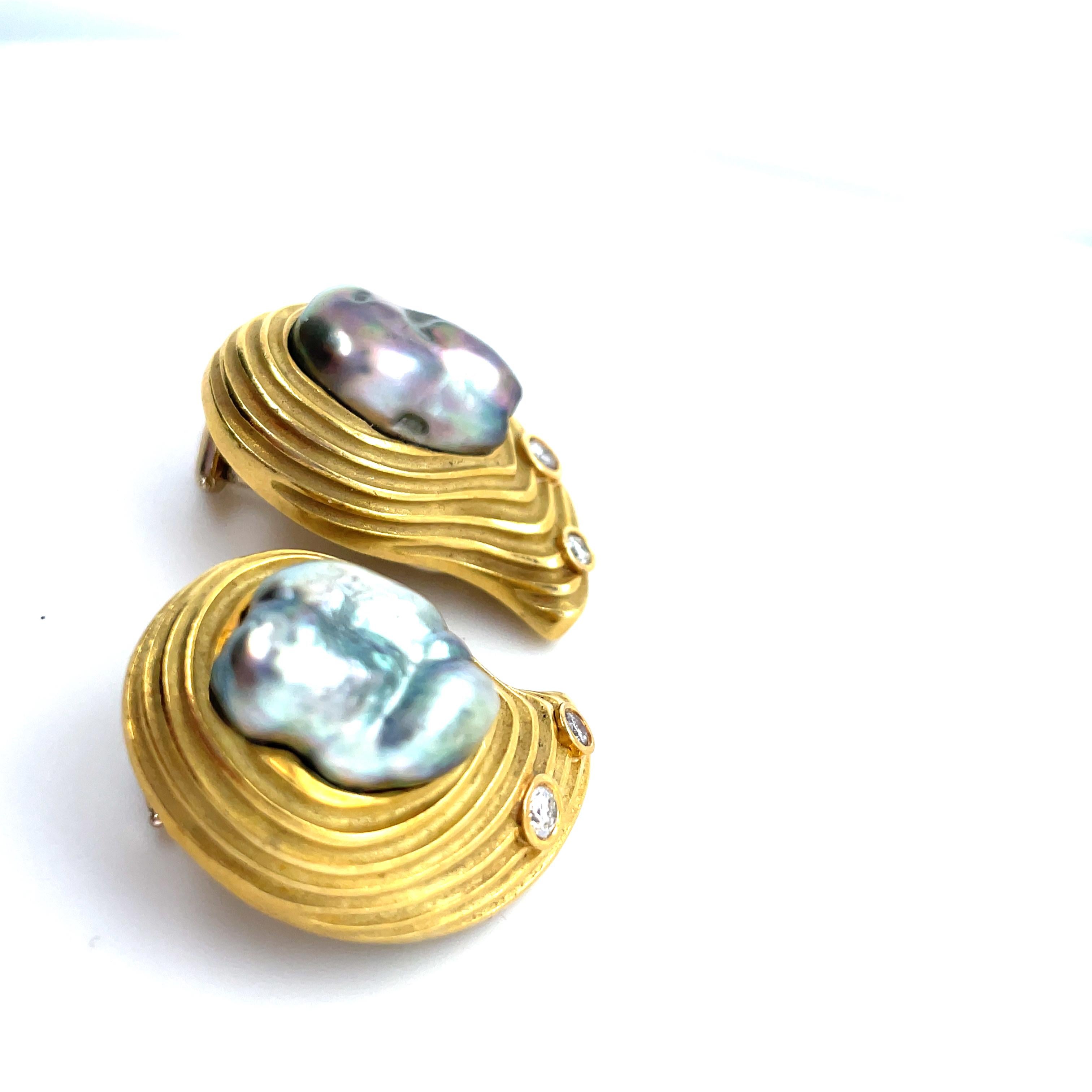 Brilliant Cut Christopher Walling, Cultured Baroque Pearl and Diamond Earrings