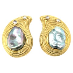 Christopher Walling, Cultured Baroque Pearl and Diamond Earrings