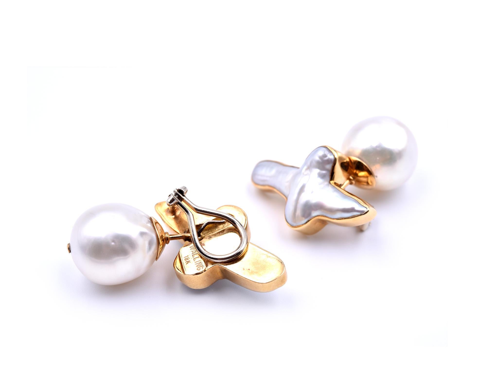 Christopher Walling Pearl 18 Karat Yellow Gold “X” Drop Earrings In Excellent Condition In Scottsdale, AZ