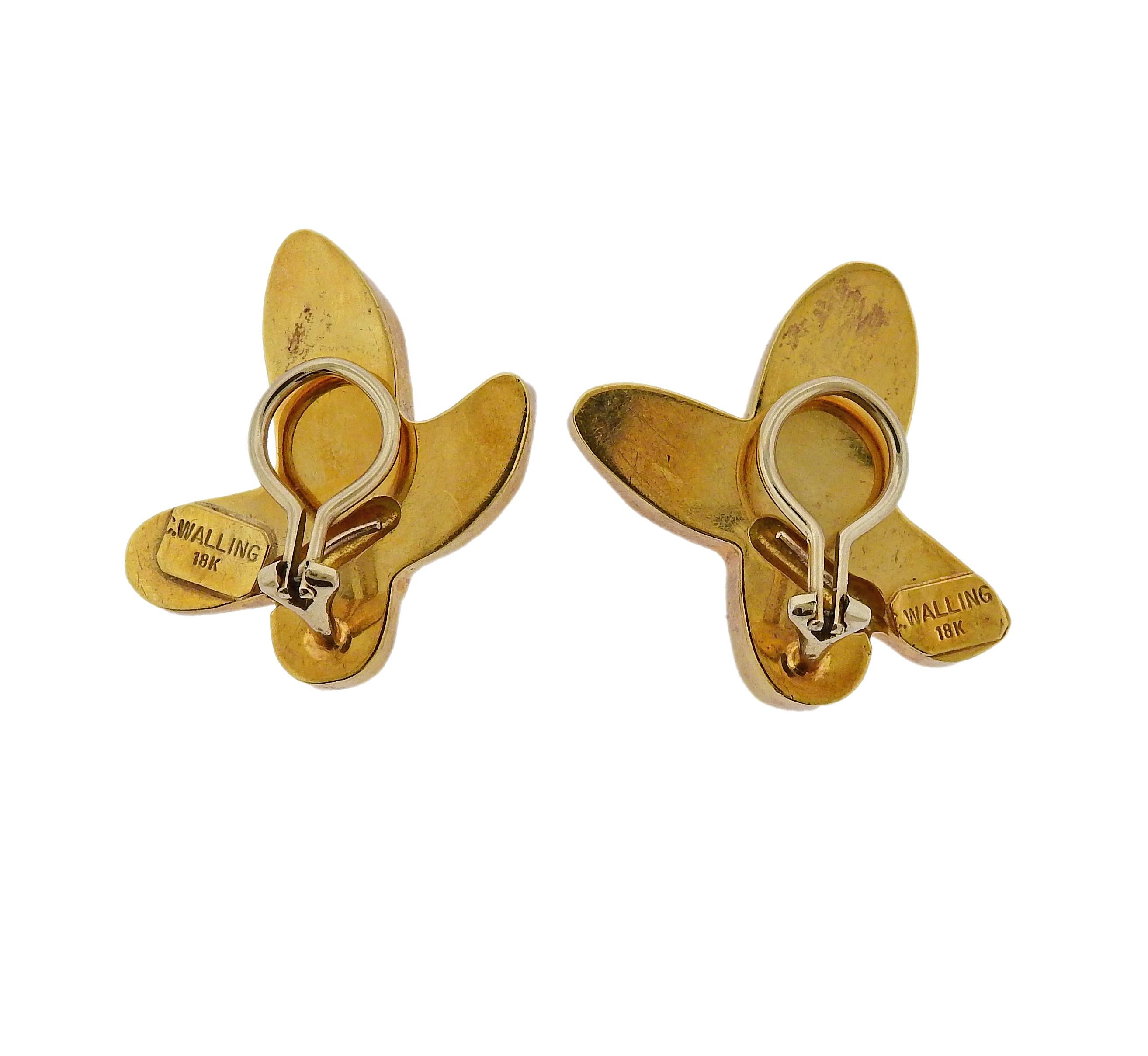 18k yellow gold pearl earrings by Christopher Walling.  Earrings are 30mm x 28mm. Weigh 16.9 grams. Marked: Walling, 18k.  