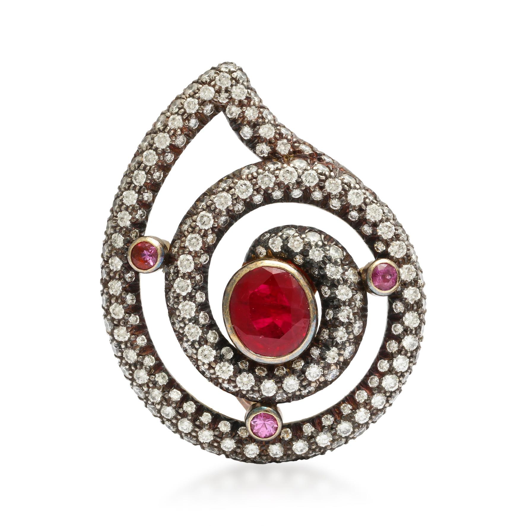 Taglio misto Christopher Walling Orecchini Havemeyer con rubino, zaffiro rosa e diamante in vendita