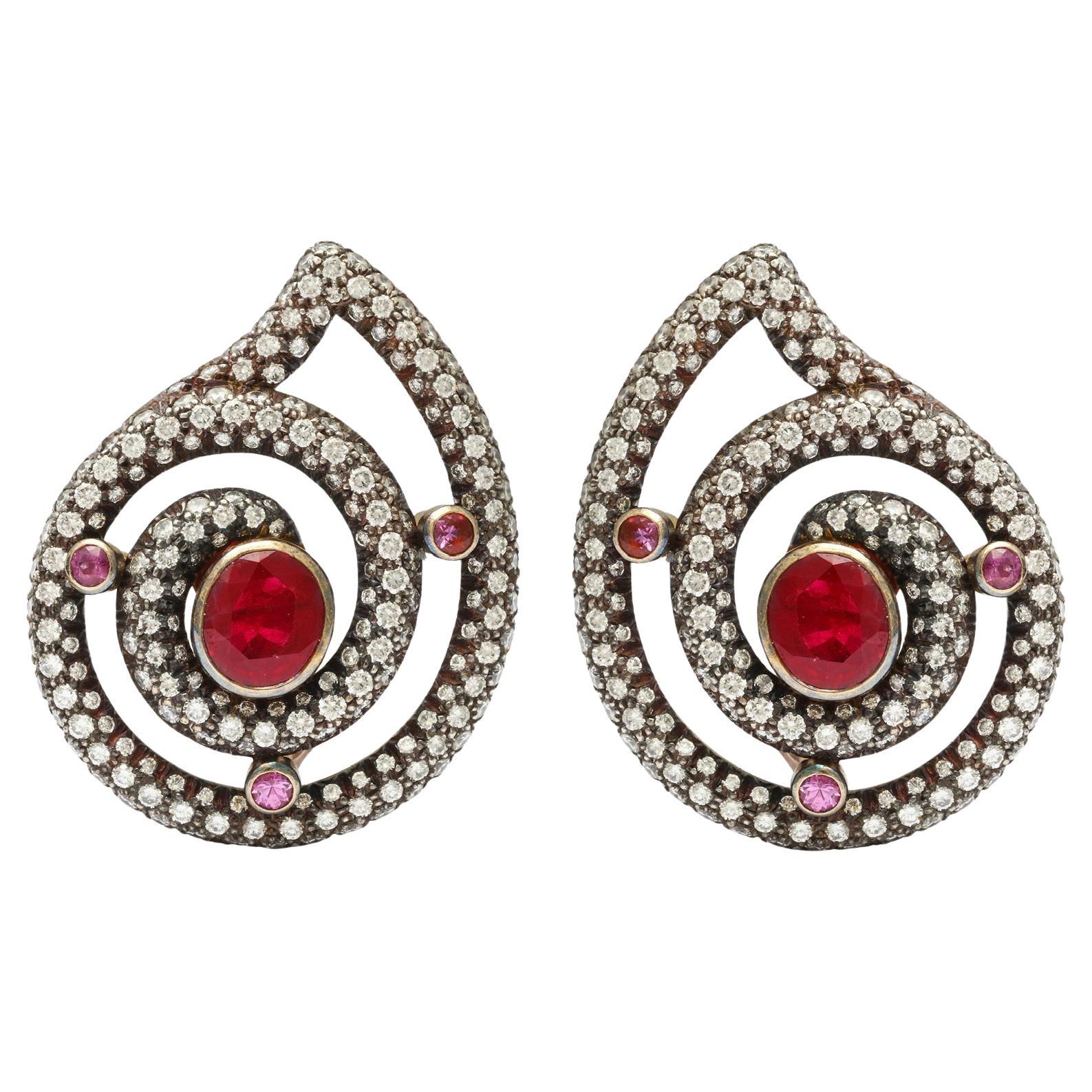 Christopher Walling Ruby Pink Sapphire and Diamond Havemeyer Earrings