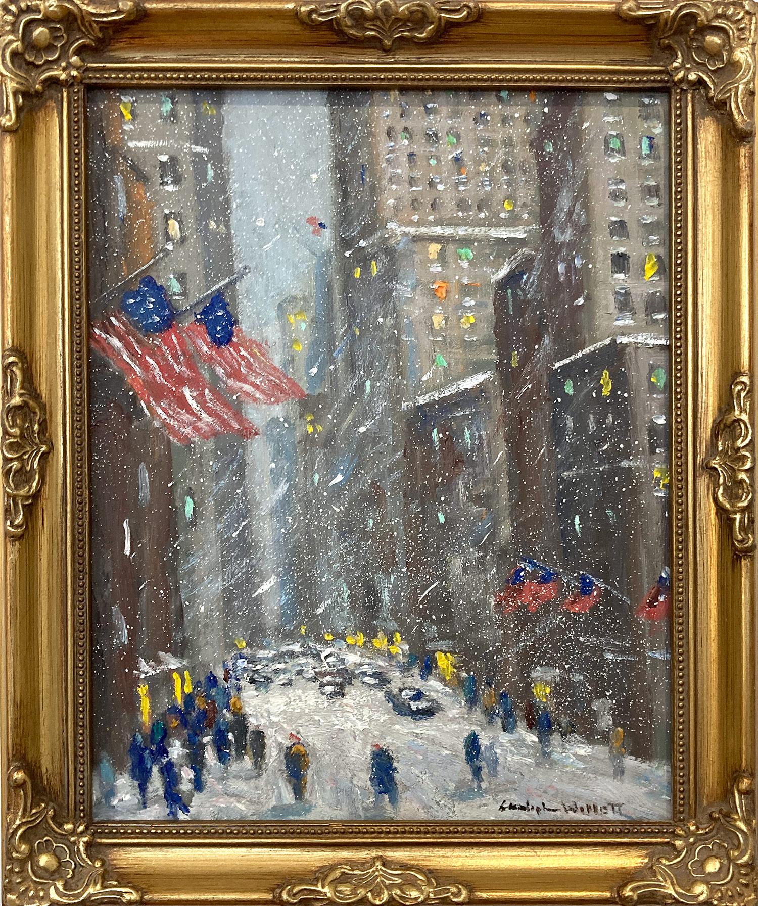 Christopher Willett Figurative Painting - "57th Street New York City" Impressionist Snow Scene in NYC Oil Painting