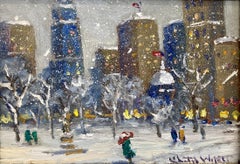 "After Work Walk Home" NYC Impressionist Central Park Snow Scene Oil Painting