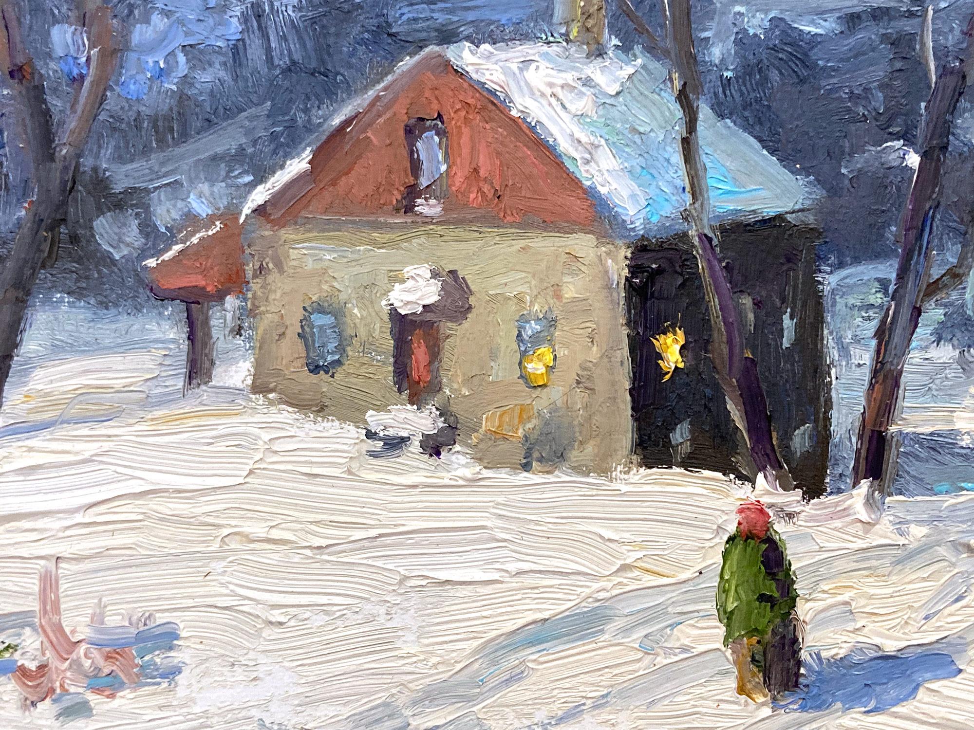 Impressionist winter pastoral scene of a quaint snow covered home by Solebury, Bucks County PA. Willett has portrayed this charming scene in a most intimate, yet energetic way, and has packed much feeling into this miniature work. It is almost as if