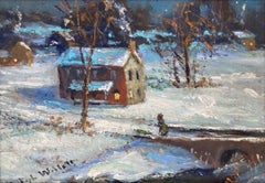 "Along Lake Galena" New Britain Bucks County PA Twilight Snow Scene Oil Painting