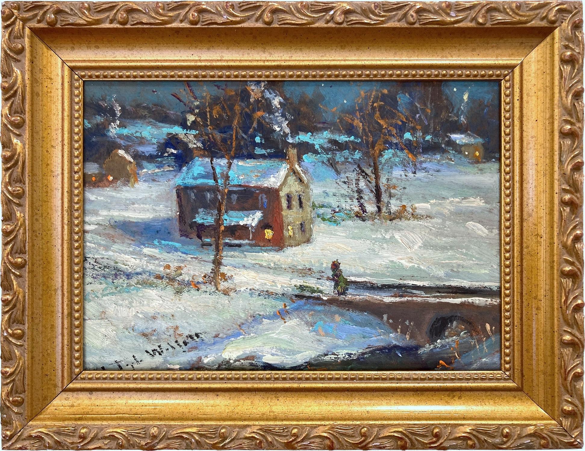 Figurative Painting de Christopher Willett - "A lo largo del lago Galena" New Britain Bucks County PA Crepúsculo Escena de nieve Pintura al óleo