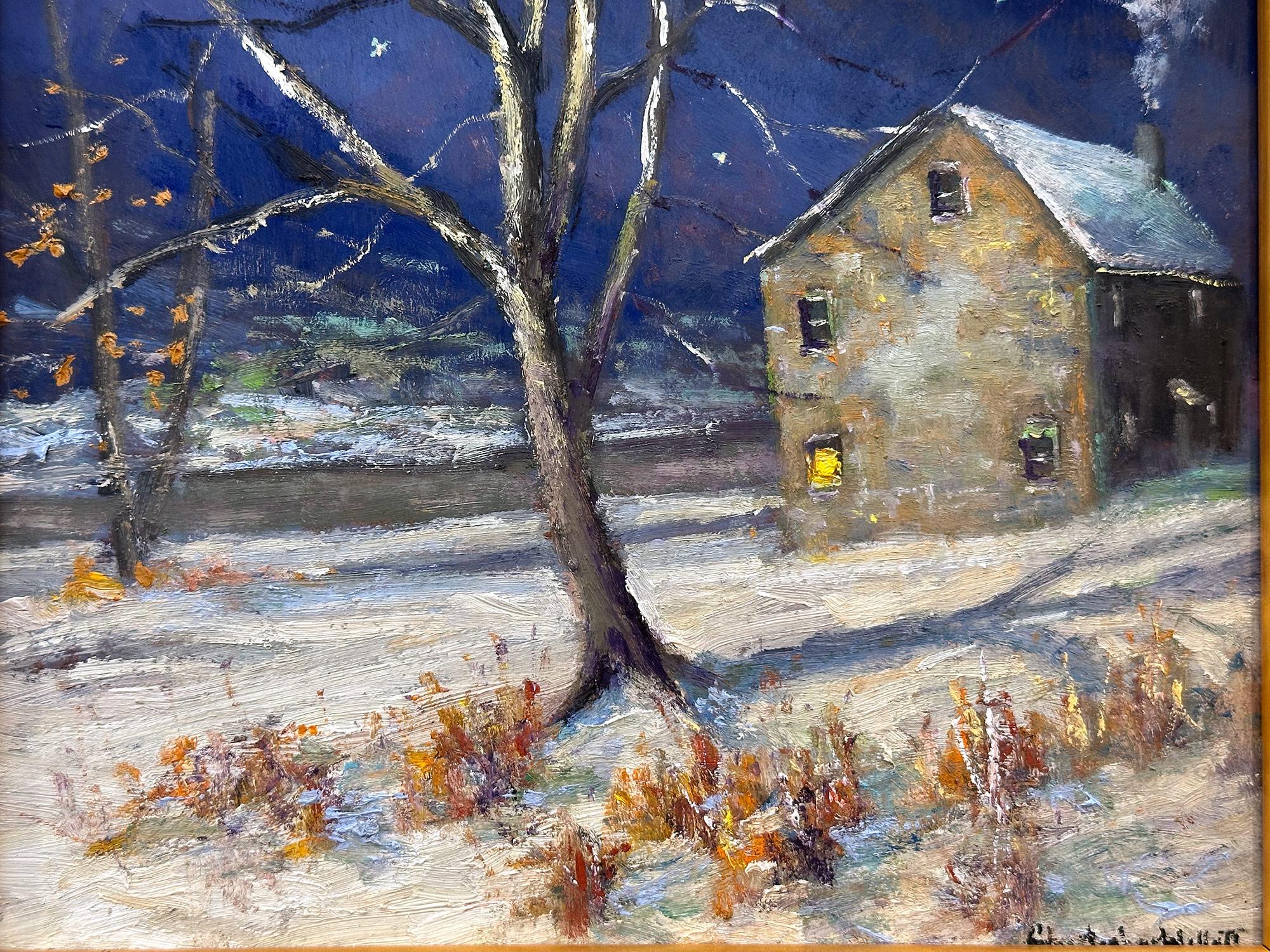 Impressionist winter pastoral scene of a quaint snow covered home in Tinicum, Bucks County, PA. Willett has portrayed this charming scene in a most intimate, yet energetic way, and has packed much feeling into this miniature work. It is almost as if
