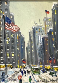 "Broad Street New York City" Impressionist Snow Scene Oil Painting on Board