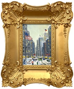 "Broad Street New York City" Impressionist Snow Scene Oil Painting on Board