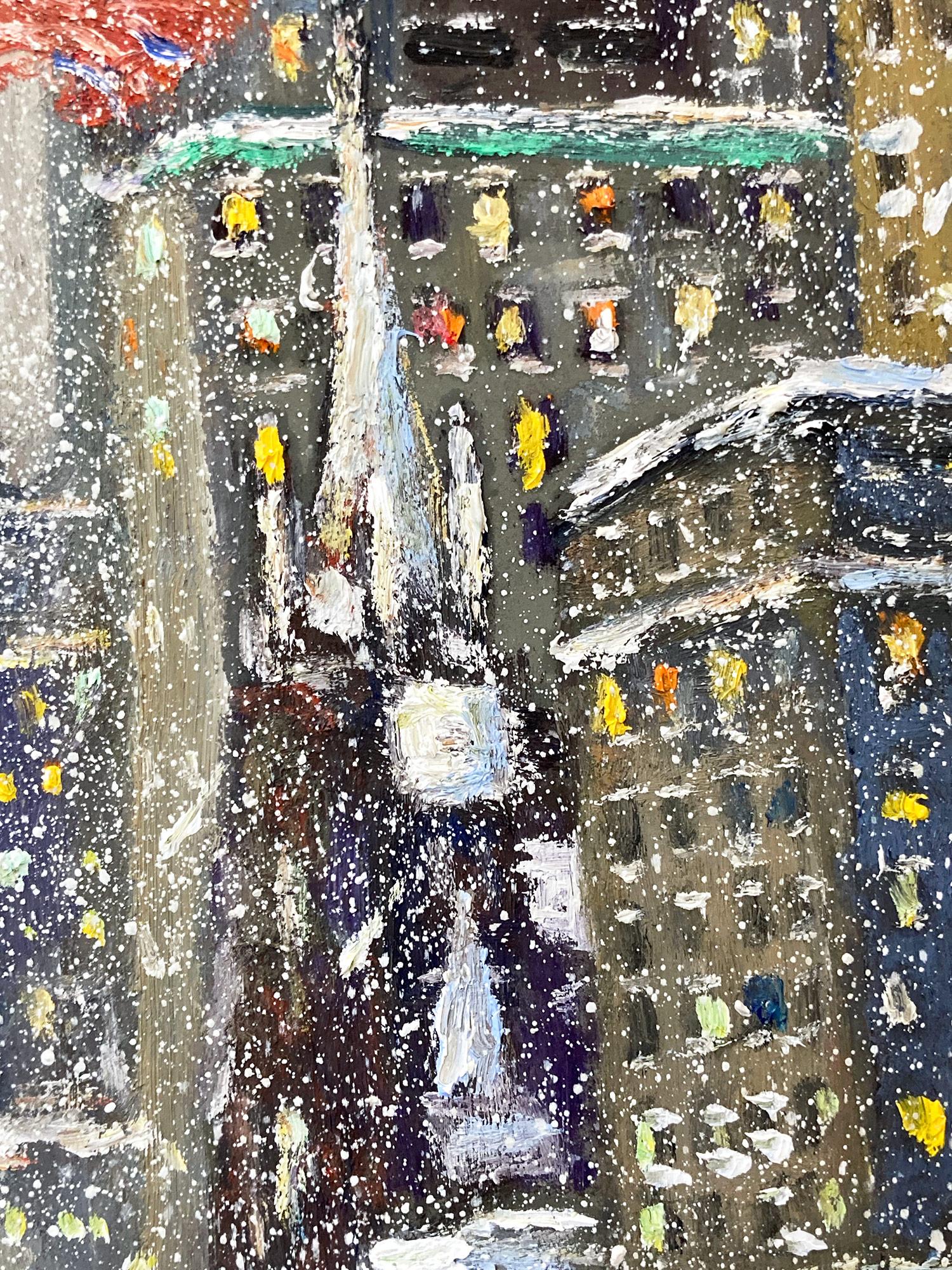 Impressionist New York City winter city-scene depicting Broadway by Trinity Church with American flags, cars and pedestrians in a most intimate, yet energetic way. Christopher is known for capturing the beauty and simplicity of an earlier time of